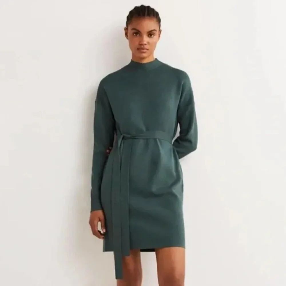 Boden Womens Sweater Dress UK 14L US 10L Green Crewneck Knit Belted D0354 NWT